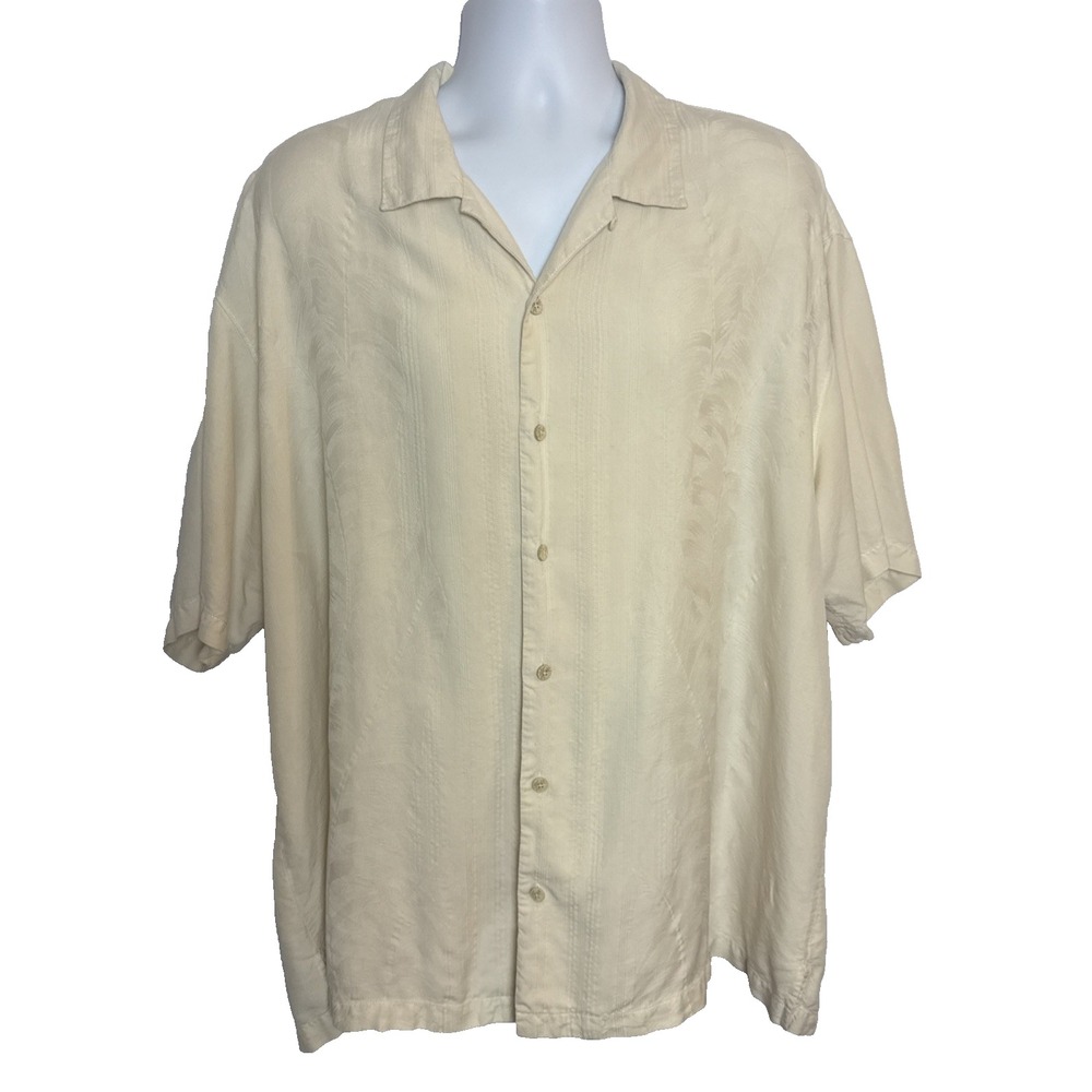 Tommy Bahama Mens XXL Button Up Shirt 100% Silk‎ Hawaiian Beige Leaves Floral